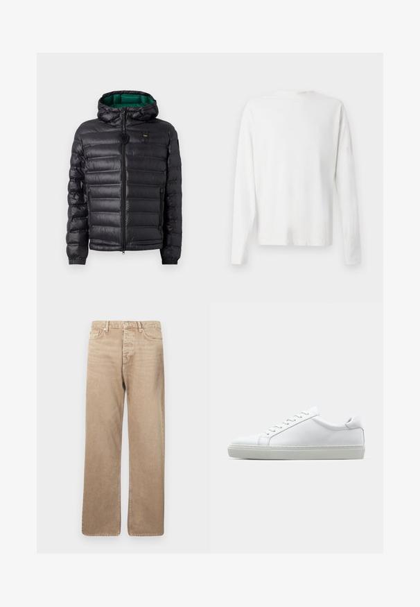 Giubbotto a vento nero con design trapuntato, cappuccio e interni verdi. Presenta una zip centrale e dettagli del logo sulla parte alta anteriore.; Camicia bianca in cotone a maniche lunghe con scollatura rotonda, spacchi laterali in fondo e una texture liscia, mostrata da dietro.; Jeans in denim beige con vestibilità dritta, dotati di cinque tasche, chiusura a bottone e cuciture a contrasto. Tessuto liscio e minimo effetto invecchiato.; Sneaker bianco con tomaia in pelle liscia e profilo basso. Presenta una punta arrotondata, sei occhielli e una suola in gomma testurizzata.