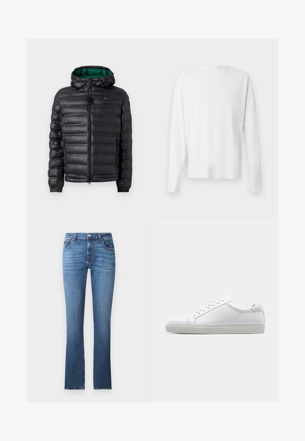 Geacă puffer neagră cu un design matlasat, cu glugă și interior verde. Prezintă un fermoar central și detalii cu logo în partea superioară frontală.; Cămașă albă din bumbac cu mâneci lungi, decolteu rotund, fante pe laterale la baza, cu o textură netedă, expusă din spate.; Jeans din denim albastru cu un design drept, prezentând decolorări ușoare, cinci buzunare și accesorii metalice. Talie include bucle pentru curea.; Adidași albi cu o suprafață din piele netedă și un profil jos. Au un vârf rotunjit, șase orificii pentru șireturi și o talpă din cauciuc texturată.