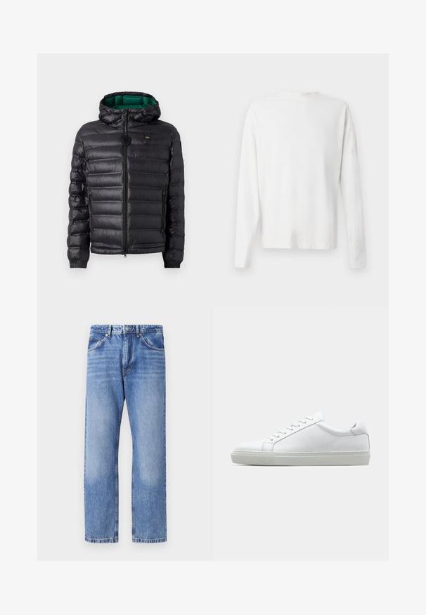 Černá prošívaná bunda s kapucí a zeleným interiérem. Obsahuje centrální zip a logo na horní přední části.; Bílá bavlněná košile s dlouhým rukávem a kulatým výstřihem, s bočními rozparky na spodní části a hladkým povrchem, vystavená zezadu.; Světle modré džínové kalhoty se střihem rovného nohavice, pěti kapsami, kontrastním prošíváním a mírně vybledlým povrchem. Zapínání na knoflík a zip.; Bílé tenisky s hladkým koženým svrškem a nízkým profilem. Mají zaoblenou špičku, šest nýtů a texturovanou gumovou podrážku.