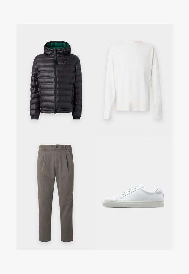 Svart puffjakke med quiltet design, hette og grønn innside. Har en sentral glidelås og logo detaljer på øvre front.; Langermet hvit bomullsskjorte med rund hals, sidespalter nederst og en jevn tekstur, vist fra baksiden.; Grå, skreddersydde bukser laget av glatt stoff; har knappelukking, beltehemper og to frontfolder for ekstra detaljer.; Hvit sneakers med en glatt skinnoverdel og lav profil. Har en rund tå, seks snøring hull, og en teksturert gummisåle.