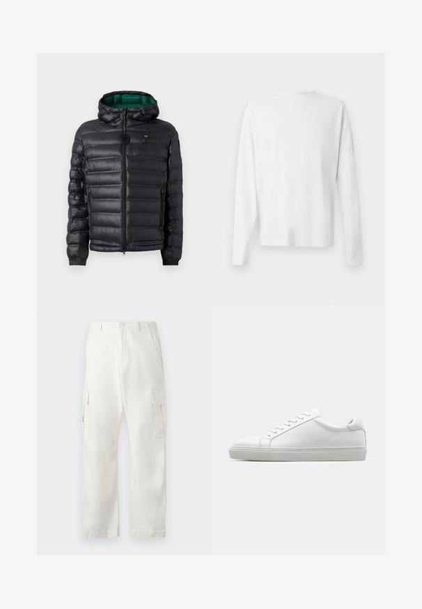 Black puffer jacket with a quilted design, hood, and green interior. Features a central zipper and logo detailing on the upper front.; Long-sleeved white cotton shirt with a round neckline, side slits at the bottom, and a smooth texture, displayed from the back.; White cargo pants made of cotton, featuring a straight-leg design, two side pockets, and two cargo pockets on the thighs.; White sneaker with a smooth leather upper and a low profile. Features a rounded toe, six eyelets, and a textured rubber sole.