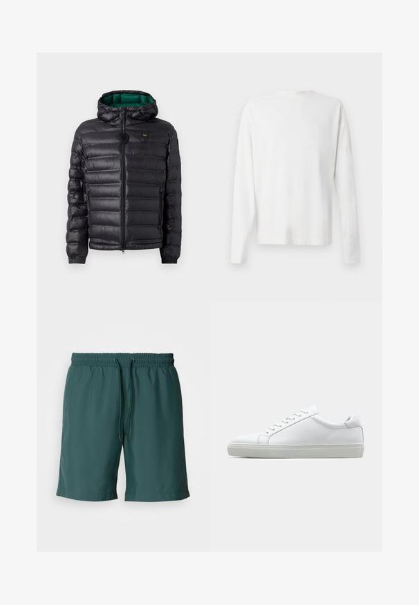 Black puffer jacket with a quilted design, hood, and green interior. Features a central zipper and logo detailing on the upper front.; Long-sleeved white cotton shirt with a round neckline, side slits at the bottom, and a smooth texture, displayed from the back.; Green, lightweight shorts with an elastic waistband and drawstring, featuring a smooth texture and side pockets for convenience.; White sneaker with a smooth leather upper and a low profile. Features a rounded toe, six eyelets, and a textured rubber sole.