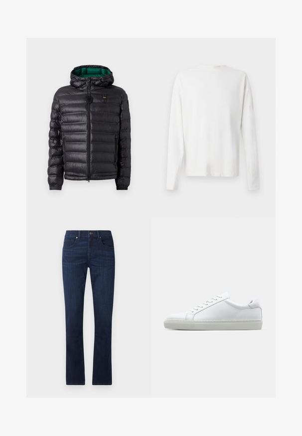 Crna zimska jakna s pufastim dizajnom, kapuljačom i zelenim unutrašnjim dijelom. Ima srednji patentni zatvarač i detalje s logotipom na gornjem dijelu prednje strane.; Bijela pamučna košulja dugih rukava s okruglim izrezom, bočnim prorezima pri dnu i glatkom teksturom, prikazana s leđa.; Tamno plave traperice ravnog kroja, s prednjim gumbom i zatvaračem na munju, te klasičnim pet džepnim stilom.; Bijela tenisica s glatkim kožnim gornjim dijelom i niskim profilom. Ima zaobljen vrh, šest rupica za vezanje i teksturiranu gumenu podlogu.