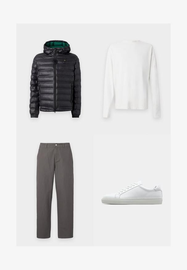 Black puffer jacket with a quilted design, hood, and green interior. Features a central zipper and logo detailing on the upper front.; Long-sleeved white cotton shirt with a round neckline, side slits at the bottom, and a smooth texture, displayed from the back.; Gray cotton trousers with a straight-leg design, featuring a front button, zipper closure, and side pockets. Smooth texture, no patterns.; White sneaker with a smooth leather upper and a low profile. Features a rounded toe, six eyelets, and a textured rubber sole.