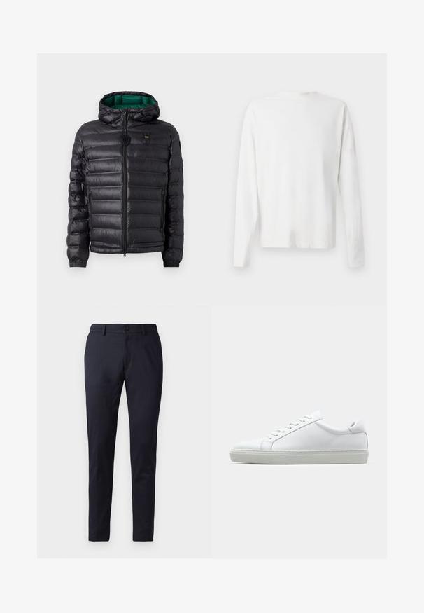 Zwarte pufferjack met een doorgestikt ontwerp, capuchon en groene binnenkant. Beschikt over een centrale rits en logo-details op de bovenste voorkant.; Witte katoenen blouse met lange mouwen en een ronde halslijn, met zijsplitten aan de onderkant en een gladde textuur, vanuit de achterkant weergegeven.; Navybroek van gladde stof, met een slim fit, riemlussen en een enkele knoopsluiting. Rechte pijpen met subtiele plooien.; Witte sneaker met een gladlederen bovenwerk en een laag profiel. Voorzien van een ronde neus, zes vetergaatjes en een gestructureerde rubberen zool.