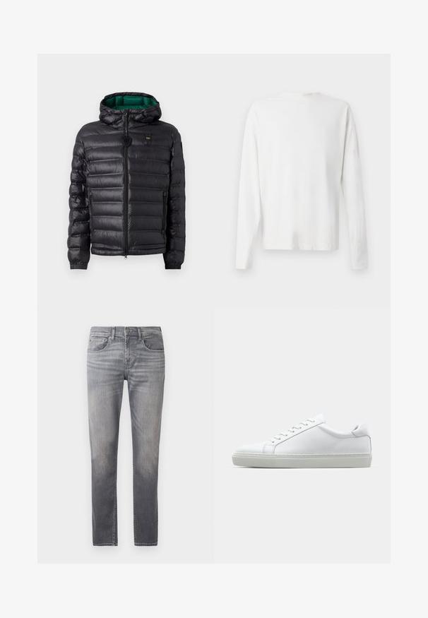 Schwarze Steppjacke mit einem gesteppten Design, Kapuze und grünem Innenfutter. Verfügt über einen zentralen Reißverschluss und Logodetails auf der oberen Vorderseite.; Langärmliges weißes Baumwollhemd mit rundem Ausschnitt, seitlichen Schlitzen am unteren Rand und glatter Textur, von hinten präsentiert.; Graue Jeans aus Denim mit geradem Bein, ausgebleichtem Design, fünf Taschen und einem regulären Bund mit Knopfverschluss.; Weißer Sneaker mit glattem Lederobermaterial und niedrigem Profil. Verfügt über eine runde Zehenpartie, sechs Ösen und eine strukturierte Gummisohle.