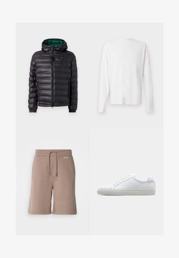 Schwarze Steppjacke mit einem gesteppten Design, Kapuze und grünem Innenfutter. Verfügt über einen zentralen Reißverschluss und Logodetails auf der oberen Vorderseite.; Langärmliges weißes Baumwollhemd mit rundem Ausschnitt, seitlichen Schlitzen am unteren Rand und glatter Textur, von hinten präsentiert.; Braune Baumwollshorts mit elastischem Bund, Kordelzugverschluss und Logodetail auf der Vorderseite. Weicher Stoff und knielanges Design.; Weißer Sneaker mit glattem Lederobermaterial und niedrigem Profil. Verfügt über eine runde Zehenpartie, sechs Ösen und eine strukturierte Gummisohle.