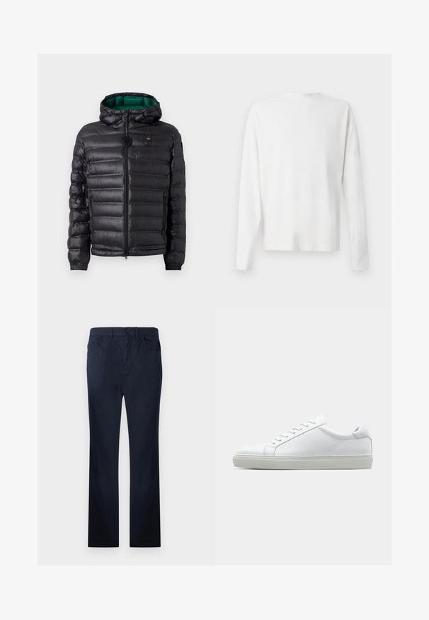 Chaqueta de plumas negra con un diseño acolchado, capucha y interior verde. Presenta un cierre central y detalles del logotipo en la parte superior delantera.; Camisa de algodón blanca de manga larga con cuello redondo, aberturas laterales en la parte inferior y una textura suave, exhibida desde la parte de atrás.; Pantalones de algodón azul marino con un corte recto, con bolsillos delanteros y traseros, cremallera y cierre de un solo botón.; Zapatilla blanca con parte superior de cuero liso y perfil bajo. Presenta una puntera redondeada, seis ojales y una suela de goma texturizada.