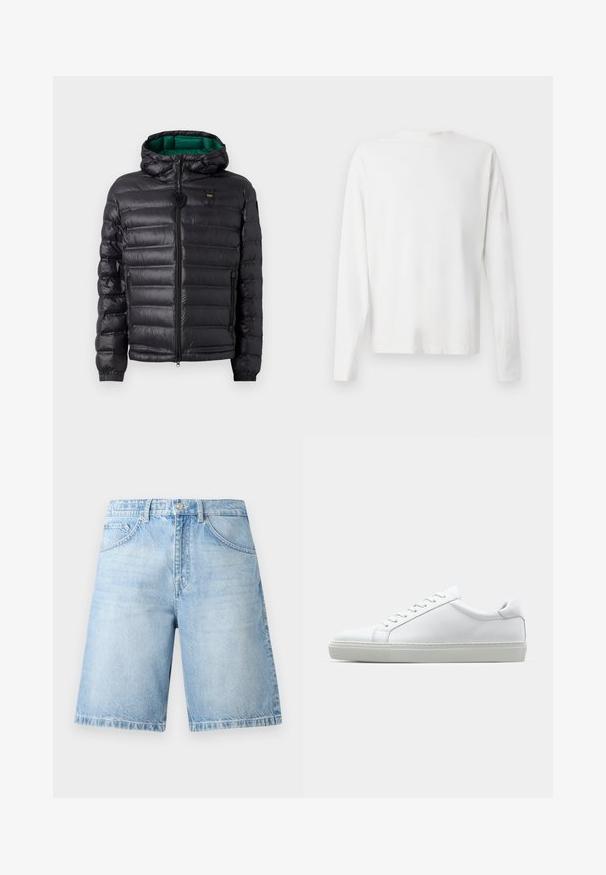 Svart pufferjacka med kviltat mönster, huva och grön inredning. Har en central dragkedja och logodetaljer på övre framsidan.; Vit långärmad skjorta i bomull med rund halsringning, sidofickor längst ner och en slät yta, visad bakifrån.; Ljust blå denimshorts med en avslappnad passform, fem fickor och sömnadsdetaljer. Tyget har en klassisk, något urtvättad textur.; Vit sneaker med en slät läderövre och låg profil. Har en rundad tå, sex snörhål och en strukturerad gummisula.