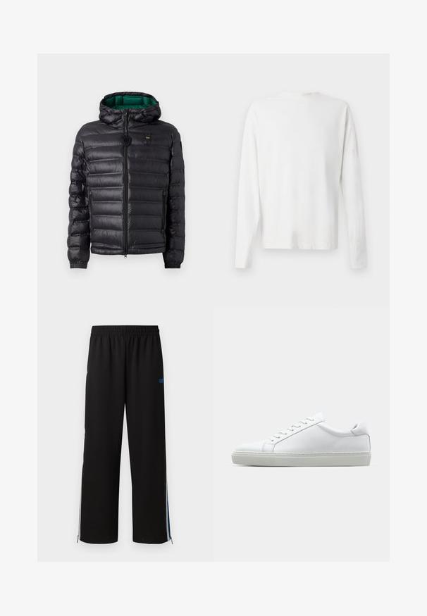 Svart puffjakke med quiltet design, hette og grønn innside. Har en sentral glidelås og logo detaljer på øvre front.; Langermet hvit bomullsskjorte med rund hals, sidespalter nederst og en jevn tekstur, vist fra baksiden.; Svarte joggebukser med elastisk midje, sidelommer med glidelås, og blå detaljer på ytterkantene. Glatt stoff med rett ben-design.; Hvit sneakers med en glatt skinnoverdel og lav profil. Har en rund tå, seks snøring hull, og en teksturert gummisåle.