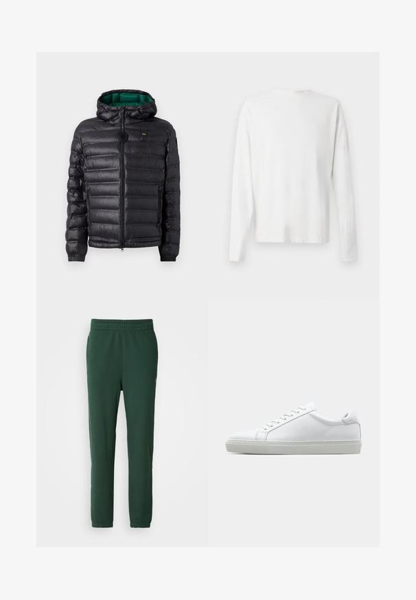 Črna puhasta jakna z nabranim dizajnom, kapuco in zelenim notranjim delom. Ima osrednji zadrgo in logotip na zgornji sprednji strani.; Bela bombažna srajca z dolgimi rokavi in okroglo ovratnikom, z bočnimi razporki na dnu in gladko teksturo, prikazana s hrbtne strani.; Zelene tregere iz mehkega bombaža. Imajo elastičen pas in zožene hlačnice, z majhnim logotipom na spodnji strani.; Bela športna obutev z gladkim usnjenim zgornjim delom in nizkim profilom. Ima zaokrožen nos, šest lukenj za vezalke in teksturiran gumijast podplat.