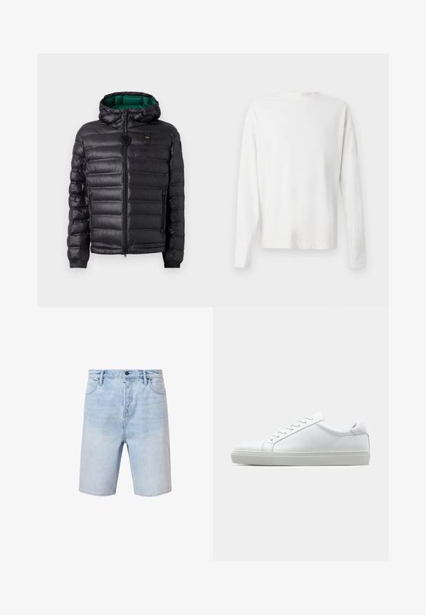 Svart puffjakke med quiltet design, hette og grønn innside. Har en sentral glidelås og logo detaljer på øvre front.; Langermet hvit bomullsskjorte med rund hals, sidespalter nederst og en jevn tekstur, vist fra baksiden.; Lyseblå denimshorts med vanlig passform, fem lommer og knappestolpe. Har subtil falming og sydd kant.; Hvit sneakers med en glatt skinnoverdel og lav profil. Har en rund tå, seks snøring hull, og en teksturert gummisåle.