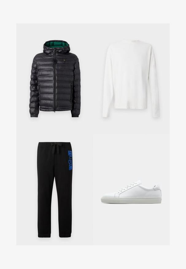 Zwarte pufferjack met een doorgestikt ontwerp, capuchon en groene binnenkant. Beschikt over een centrale rits en logo-details op de bovenste voorkant.; Witte katoenen blouse met lange mouwen en een ronde halslijn, met zijsplitten aan de onderkant en een gladde textuur, vanuit de achterkant weergegeven.; Zwarte sweatpants van een katoenmix, voorzien van een elastische tailleband met een koord en een blauw logo dat op het linkerbeen is gedrukt.; Witte sneaker met een gladlederen bovenwerk en een laag profiel. Voorzien van een ronde neus, zes vetergaatjes en een gestructureerde rubberen zool.