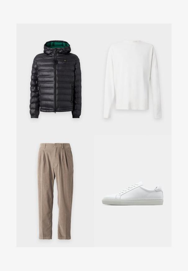 Zwarte pufferjack met een doorgestikt ontwerp, capuchon en groene binnenkant. Beschikt over een centrale rits en logo-details op de bovenste voorkant.; Witte katoenen blouse met lange mouwen en een ronde halslijn, met zijsplitten aan de onderkant en een gladde textuur, vanuit de achterkant weergegeven.; Beige corduroy broeken met een relaxed fit, voorzien van plooien, een knoopsluiting en zijzakken, een gestructureerd oppervlak en een taps toelopend ontwerp.; Witte sneaker met een gladlederen bovenwerk en een laag profiel. Voorzien van een ronde neus, zes vetergaatjes en een gestructureerde rubberen zool.