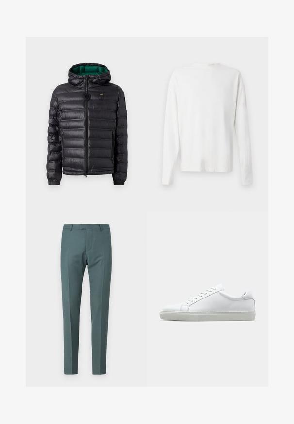 Doudoune noire avec un design matelassé, capuche et intérieur vert. Elle possède une fermeture éclair centrale et des détails de logo sur le devant supérieur.; Chemise en coton blanc à manches longues avec un col rond, fentes latérales en bas et une texture lisse, présentée de dos.; Pantalons ajustés de couleur bleu canard, avec une texture lisse, une coupe droite, une taille plate et des poches latérales.; Sneaker blanche avec une tige en cuir lisse et un profil bas. Présente un bout arrondi, six œillets et une semelle en caoutchouc texturé.