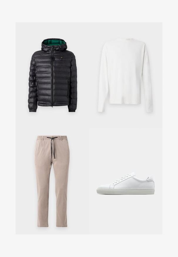 Zwarte pufferjack met een doorgestikt ontwerp, capuchon en groene binnenkant. Beschikt over een centrale rits en logo-details op de bovenste voorkant.; Witte katoenen blouse met lange mouwen en een ronde halslijn, met zijsplitten aan de onderkant en een gladde textuur, vanuit de achterkant weergegeven.; Beige broek met een elastische tailleband en een zwarte trekkoord. Rechtdoorgaande pasvorm met een zachte textuur en minimale stikdetails.; Witte sneaker met een gladlederen bovenwerk en een laag profiel. Voorzien van een ronde neus, zes vetergaatjes en een gestructureerde rubberen zool.
