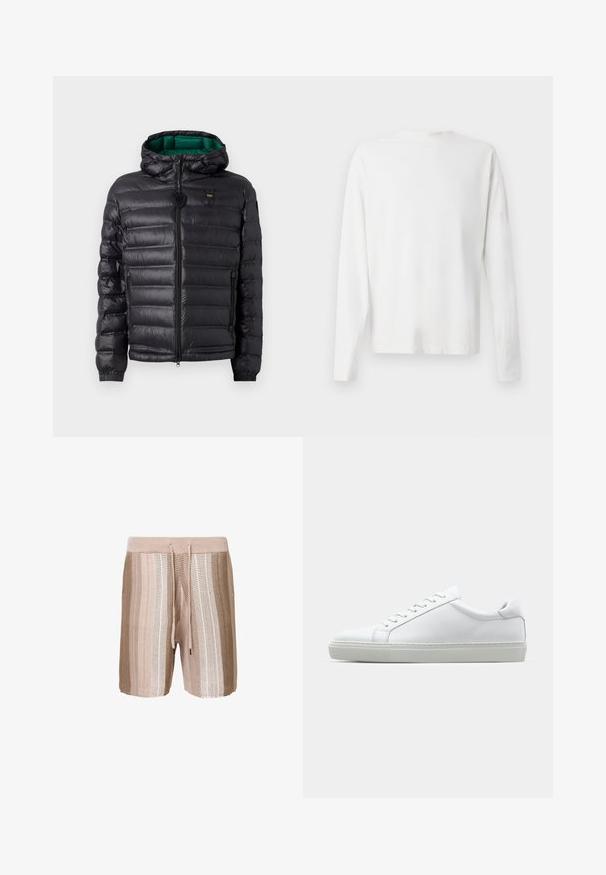 Chaqueta de plumas negra con un diseño acolchado, capucha y interior verde. Presenta un cierre central y detalles del logotipo en la parte superior delantera.; Camisa de algodón blanca de manga larga con cuello redondo, aberturas laterales en la parte inferior y una textura suave, exhibida desde la parte de atrás.; Bañador de punto beige con rayas horizontales en tonos más claros, cinturilla elástica con cordón y tejido texturizado.; Zapatilla blanca con parte superior de cuero liso y perfil bajo. Presenta una puntera redondeada, seis ojales y una suela de goma texturizada.