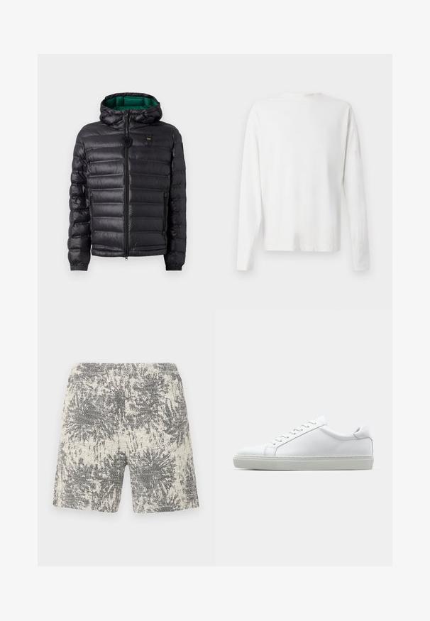 Zwarte pufferjack met een doorgestikt ontwerp, capuchon en groene binnenkant. Beschikt over een centrale rits en logo-details op de bovenste voorkant.; Witte katoenen blouse met lange mouwen en een ronde halslijn, met zijsplitten aan de onderkant en een gladde textuur, vanuit de achterkant weergegeven.; Brede gebreide shorts in crème en zwart met een textuur, abstract patroon. Een elastische tailleband biedt comfort en gemak van dragen.; Witte sneaker met een gladlederen bovenwerk en een laag profiel. Voorzien van een ronde neus, zes vetergaatjes en een gestructureerde rubberen zool.