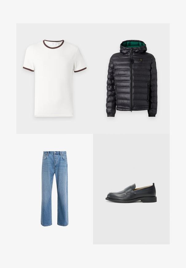 Veste matelassée noire avec capuche, finition brillante, doublure verte, fermeture éclair et poignets élastiques. Comprend un logo de marque sur la poitrine.; T-shirt blanc à manches courtes avec un col et des ourlets de manches en maille marron, fabriqué en coton doux. Design simple et classique.; Jeans en denim bleu clair avec une coupe droite, cinq poches, fermeture à bouton, peu d'usure et des détails de couture contrastés.; Mocassins en cuir noir avec une finition lisse, une semelle plate et un bout arrondi, ornés d'une sangle décorative sur le dessus.