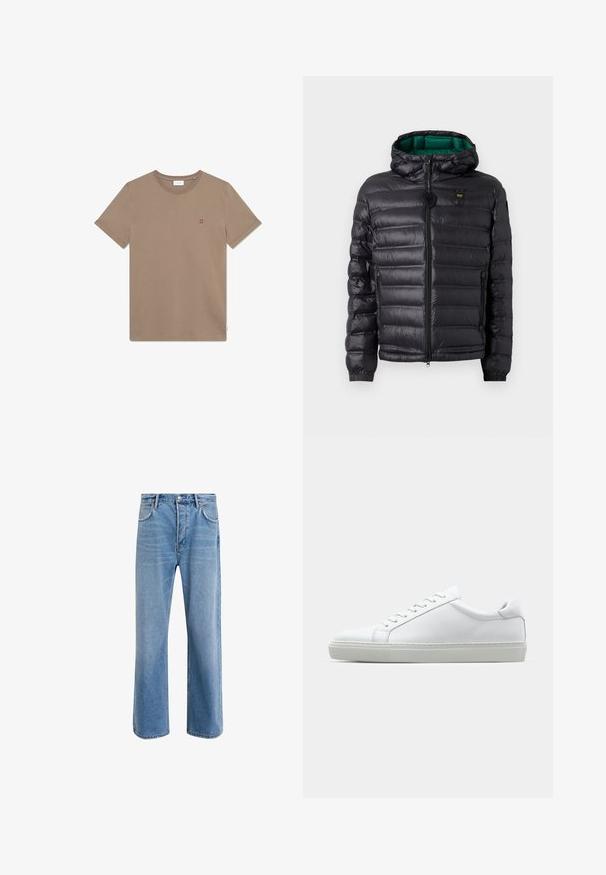 Svart vaddertejakke med hette, som har en blank finish, grønt fôr, glidelåslukking og elastiske mansjetter. Inkluderer merkevarelogo på brystet.; Brun bomulls T-skjorte med rund hals, korte ermer og en liten rød "II" logo på brystet. Enkelt design og glatt tekstur.; Lys blå denimjeans med rett ben-design, fem lommer, knappeåpning, minimal falming og kontrasterende sømdetaljer.; Hvit sneakers med en glatt skinnoverdel og lav profil. Har en rund tå, seks snøring hull, og en teksturert gummisåle.