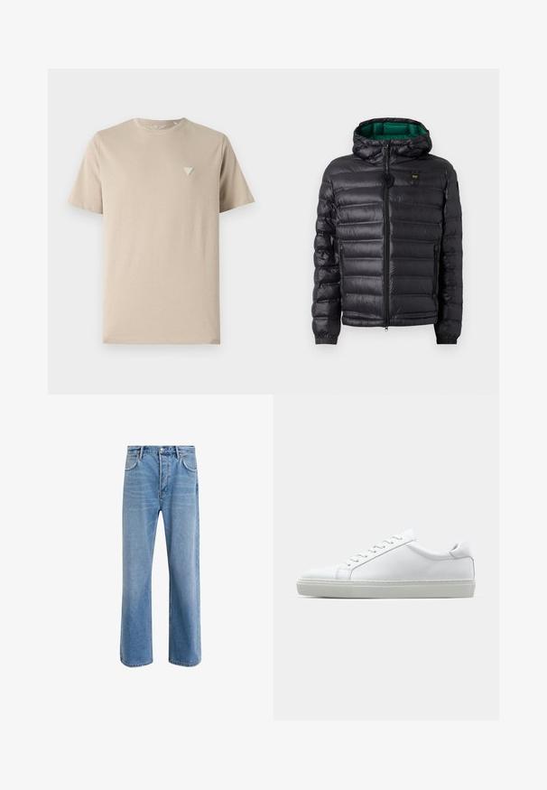 Crna podstavljena jakna s kapuljačom, sjajnog finiša, s zelenim podstavom, zatvaračem i elastičnim manšetama. Na prsima je logo robne marke.; Bež pamučna majica s kratkim rukavima, okruglim izrezom i malim trokutašnim logotipom izvezenim na lijevoj strani prsnog koša. Glatka tekstura.; Svijetloplave traperice s ravnim nogavicama, pet džepova, zatvaranjem na gumb, minimalnim izbljeđivanjem i kontrastnim šavovima.; Bijela tenisica s glatkim kožnim gornjim dijelom i niskim profilom. Ima zaobljen vrh, šest rupica za vezanje i teksturiranu gumenu podlogu.