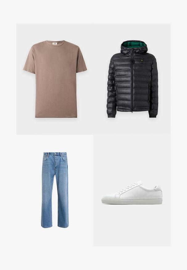 Svart pufferjacka med kviltat mönster, huva och grön inredning. Har en central dragkedja och logodetaljer på övre framsidan.; Kortärmad t-shirt i brun bomull, med rund halsringning och en lätt, slät textur. Inga synliga mönster eller metalldetaljer.; Ljust blå denimjeans med rak passform, fem fickor, knappstängning, minimal blekning och kontrasterande sömdetaljer.; Vit sneaker med en slät läderövre och låg profil. Har en rundad tå, sex snörhål och en strukturerad gummisula.