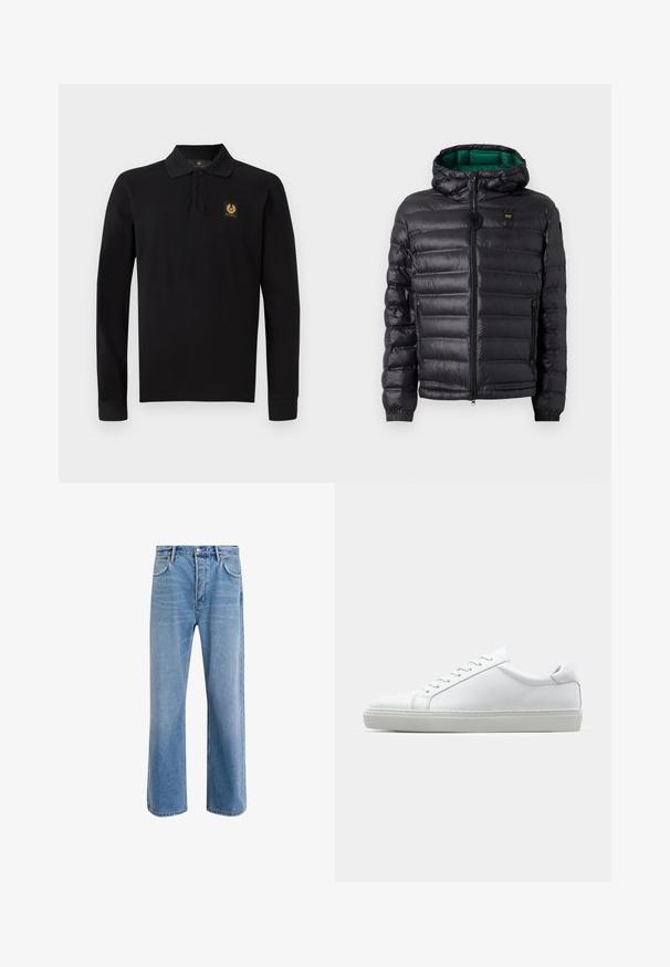 Černá prošívaná bunda s kapucí a zeleným interiérem. Obsahuje centrální zip a logo na horní přední části.; Černá polo košile s dlouhým rukávem vyrobená z bavlny. Má klasický límeček, tři knoflíky na zapínání a zlatý emblém na levé straně hrudi.; Světle modré džínové kalhoty s rovnými nohavicemi, pěti kapsami, zapínáním na knoflík, minimálním vyblednutím a kontrastním prošitím.; Bílé tenisky s hladkým koženým svrškem a nízkým profilem. Mají zaoblenou špičku, šest nýtů a texturovanou gumovou podrážku.