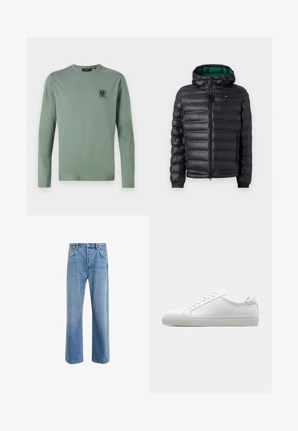 Musta toppatakki hupulla, jossa kiiltävä pinta, vihreä vuori, vetoketjusuljenta ja joustavat hihansuut. Rinnassa merkitty logo.; Pitkähihaisessa t-paidassa on hillitty vihreä väri ja pehmeä kangas. Rinnassa on pieni musta logo-patch. Pyöreä pääntie ja tiukat hihat.; Vaaleansiniset farkut suoranlahkeisella muotoilulla, viisi taskua, nappisuljenta, vähäinen kuluminen ja kontrastiväriset ompeluyksityiskohdat.; Valkoinen tennari, jossa on sileä nahkapäällinen ja matala profiili. Ominaisuuksiin kuuluu pyöreä kärki, kuusi rei'itystä ja teksturoitu kumipohja.