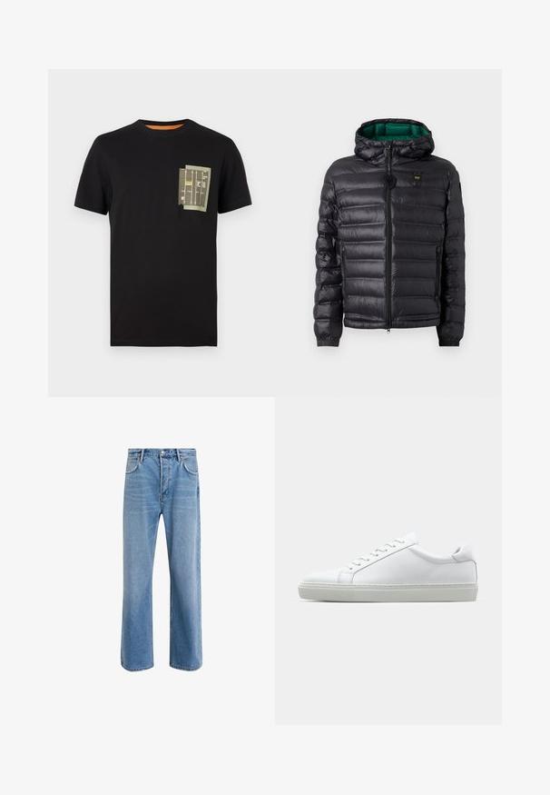 Crna podstavljena jakna s kapuljačom, sjajnog finiša, s zelenim podstavom, zatvaračem i elastičnim manšetama. Na prsima je logo robne marke.; Crna pamučna majica s okruglim izrezom i kratkim rukavima. Ima dizajn zelene torbice s ispisanim tekstom i uzorcima.; Svijetloplave traperice s ravnim nogavicama, pet džepova, zatvaranjem na gumb, minimalnim izbljeđivanjem i kontrastnim šavovima.; Bijela tenisica s glatkim kožnim gornjim dijelom i niskim profilom. Ima zaobljen vrh, šest rupica za vezanje i teksturiranu gumenu podlogu.