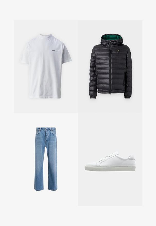 Giubbotto a vento nero con design trapuntato, cappuccio e interni verdi. Presenta una zip centrale e dettagli del logo sulla parte alta anteriore.; T-shirt bianco in cotone con colletto alto e maniche corte. Presenta il logo "SAMSØE SAMSØE" in nero sulla parte frontale. Texture liscia.; Jeans in denim blu chiaro con design a gamba dritta, cinque tasche, chiusura con bottone, leggero sbiadimento e dettagli di cucitura a contrasto.; Sneaker bianco con tomaia in pelle liscia e profilo basso. Presenta una punta arrotondata, sei occhielli e una suola in gomma testurizzata.