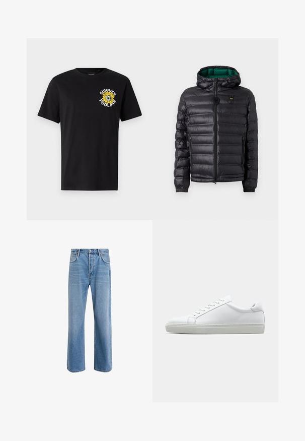 Geacă neagră matlasată cu glugă, cu finisaj lucios, căptușeală verde, închidere cu fermoar și manșete elastice. Include logo de marcă pe piept.; Tricou din bumbac negru cu mâneci scurt, decorat cu un grafic de floarea-soarelui galbenă și textul "SUNNIES POOL BAR" în zona stângă a pieptului.; Jeans din denim bleu deschis cu un design drept, cinci buzunare, închidere cu buton, decolorare minimă și detalii de cusătură în contrast.; Adidași albi cu o suprafață din piele netedă și un profil jos. Au un vârf rotunjit, șase orificii pentru șireturi și o talpă din cauciuc texturată.