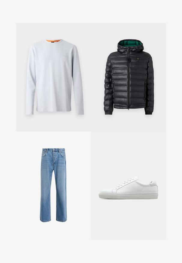 Juoda paminkštinta striukė su gobtuvu, blizgiu paviršiumi, žaliu pamušalu, užtrauktuku ir elastinėmis rankogaliais. Krūtinės srityje yra prekės ženklo logotipas.; Šviesiai mėlyna ilgomis rankovėmis marškinėlių pagaminta iš tekstūruotos medžiagos, su apvalia iškirpte ir oranžiniu akcentu ant apykaklės, su nepastebimu logotipu krūtinėje.; Šviesiai mėlyni džinsai su tiesiu kirpimu, penkios kišenės, mygtuko užsegimas, minimalus blukimas ir kontrastingi siuvimo detalės.; Baltas sportinis batelis su lygiu odiniu paviršiumi ir žemu profiliu. Turi suapvalintą pirštą, šešis akių skyrius ir tekstūruotą gumos padą.