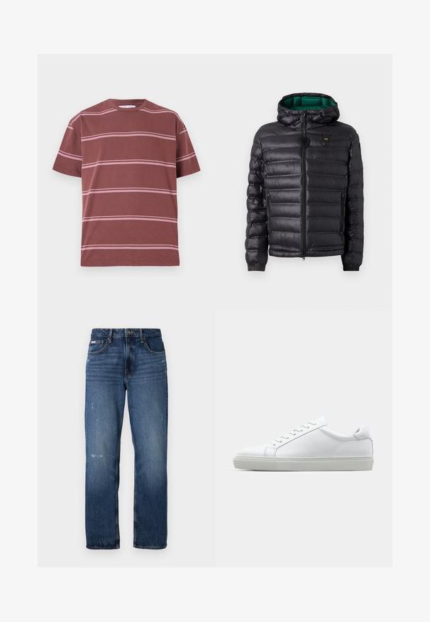 Crna podstavljena jakna s kapuljačom, sjajnog finiša, s zelenim podstavom, zatvaračem i elastičnim manšetama. Na prsima je logo robne marke.; Bordo majica s horizontalnim ružičastim prugama, okrugli izrez, kratki rukavi i ležeran kroj. Napravljena od mekanog pamučnog materijala.; Plave traperice s ravnim nogavicama. Imaju izblijeđena područja i lagano oštećenje sprijeda, s klasičnim kopčanjem na gumbi.; Bijela tenisica s glatkim kožnim gornjim dijelom i niskim profilom. Ima zaobljen vrh, šest rupica za vezanje i teksturiranu gumenu podlogu.