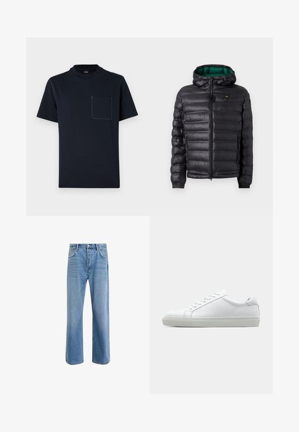 Fekete, bélelt kabát kapucnival, fényes felülettel, zöld béléssel, cipzáras záródással és rugalmas mandzsettákkal. Mellrészen márkázott logóval ellátva.; Tengerészkék, rövid ujjú póló, ami pamutból készült, kerek nyakkal és elülső zsebbel rendelkezik, amelyet kontrasztos fehér varrási részletek díszítenek.; Világoskék farmernadrág, egyenes szárú fazonnal, öt zsebbel, gombos záródással, minimális kopással és kontrasztos varrással.; Fehér sportcipő sima bőr felső résszel és alacsony profilsal. Kerek orr, hat fűzőlyuk és barázdált gumitalp jellemzi.