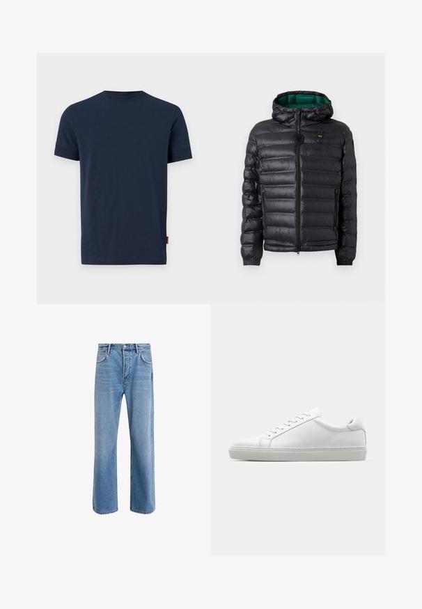 Mustast polsterdatud jope kapuutsiga, läikiva viimistlusega, rohelise voodriga, tõmblukuga ja elastsete mansettidega. Rinnal on brändi logo.; Tumedast puuvillane T-särk lühikeste varrukatega, ümmargune kaelus ja väike punane silt all vasakul serval. Pehme tekstuur, lihtne disain.; Heledad sinine teksapüksid otse lõikega, viie taskuga, nupuga sulgemine, minimaalne kulumine ja kontrastsed õmbluse detailid.; Valge tennisetoss, millel on sile nahk pealis ja madal profiil. Omab ümarat ninaosa, kuut silmust ja tekstuuriga kummist talda.