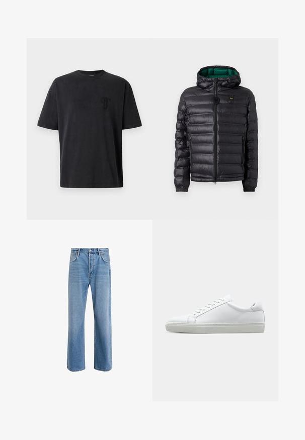 Black padded jacket with a hood, featuring a glossy finish, green lining, zip closure, and elastic cuffs. Includes branded logo on chest.; Black cotton t-shirt with short sleeves, crew neckline, and a subtle embroidered logo on the left chest. Smooth texture, relaxed fit.; Light blue denim jeans with a straight-leg design, five pockets, button closure, minimal fading, and contrasting stitching details.; White sneaker with a smooth leather upper and a low profile. Features a rounded toe, six eyelets, and a textured rubber sole.