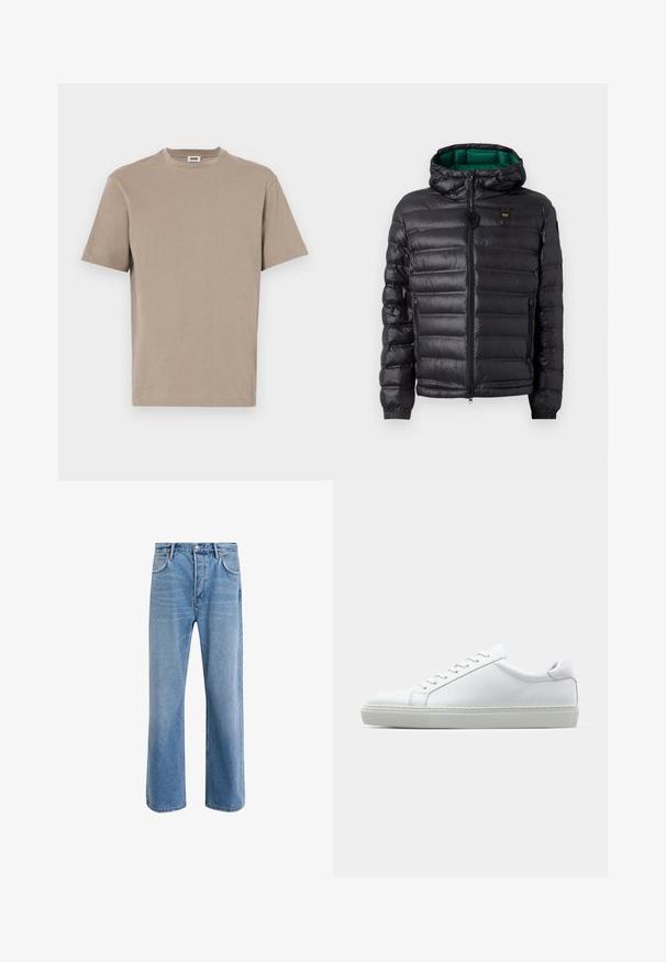 Black padded jacket with a hood, featuring a glossy finish, green lining, zip closure, and elastic cuffs. Includes branded logo on chest.; Beige cotton t-shirt with a crew neck, short sleeves, and a straight hem. Smooth texture, minimal design, no visible graphics or accents.; Light blue denim jeans with a straight-leg design, five pockets, button closure, minimal fading, and contrasting stitching details.; White sneaker with a smooth leather upper and a low profile. Features a rounded toe, six eyelets, and a textured rubber sole.