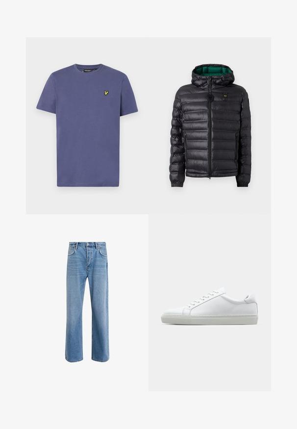 Svart puffjakke med quiltet design, hette og grønn innside. Har en sentral glidelås og logo detaljer på øvre front.; Lys lilla bomull t-skjorte med korte ermer, rund hals og en liten gul brodert logo på brystet.; Lys blå denimjeans med rett ben-design, fem lommer, knappeåpning, minimal falming og kontrasterende sømdetaljer.; Hvit sneakers med en glatt skinnoverdel og lav profil. Har en rund tå, seks snøring hull, og en teksturert gummisåle.