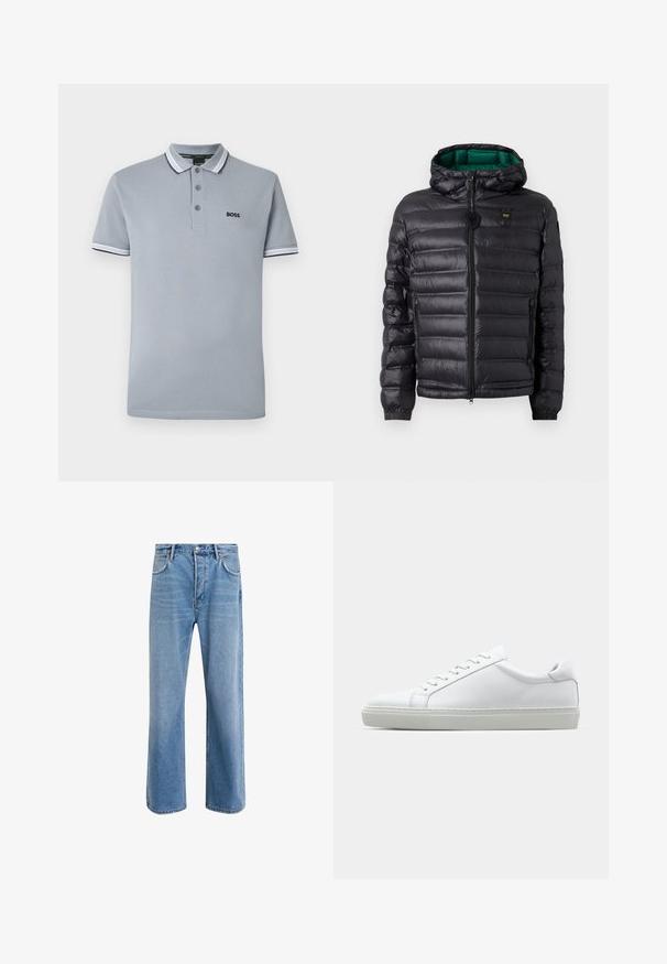 Fekete, bélelt kabát kapucnival, fényes felülettel, zöld béléssel, cipzáras záródással és rugalmas mandzsettákkal. Mellrészen márkázott logóval ellátva.; Világosszürke pólóing három gombbal, két színű díszítéssel a galléron és az ujjakon, valamint egy kis fekete "BOSS" logóval a mellrészen.; Világoskék farmernadrág, egyenes szárú fazonnal, öt zsebbel, gombos záródással, minimális kopással és kontrasztos varrással.; Fehér sportcipő sima bőr felső résszel és alacsony profilsal. Kerek orr, hat fűzőlyuk és barázdált gumitalp jellemzi.