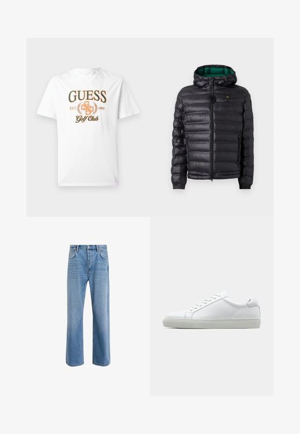 Giacca imbottita nera con cappuccio, finitura lucida, fodera verde, chiusura con zip e polsini elastici. Include logo marchiato sul petto.; T-shirt bianca in cotone con grafica arancione "GUESS Golf Club" con accenti di alloro e anno di fondazione 1981. Design classico con scollo a girocollo.; Jeans in denim blu chiaro con design a gamba dritta, cinque tasche, chiusura con bottone, leggero sbiadimento e dettagli di cucitura a contrasto.; Sneaker bianco con tomaia in pelle liscia e profilo basso. Presenta una punta arrotondata, sei occhielli e una suola in gomma testurizzata.