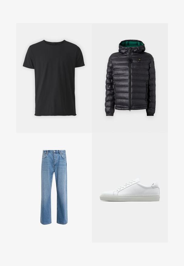 Black padded jacket with a hood, featuring a glossy finish, green lining, zip closure, and elastic cuffs. Includes branded logo on chest.; Black short-sleeve t-shirt made of soft cotton, featuring a classic crew neckline and a smooth texture, with a straight cut.; Light blue denim jeans with a straight-leg design, five pockets, button closure, minimal fading, and contrasting stitching details.; White sneaker with a smooth leather upper and a low profile. Features a rounded toe, six eyelets, and a textured rubber sole.