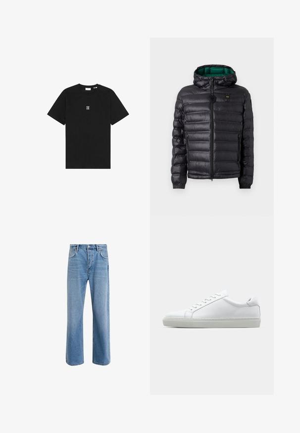 Black padded jacket with a hood, featuring a glossy finish, green lining, zip closure, and elastic cuffs. Includes branded logo on chest.; Black cotton t-shirt featuring short sleeves and a round neckline. Centered on the chest is the white printed text "II."; Light blue denim jeans with a straight-leg design, five pockets, button closure, minimal fading, and contrasting stitching details.; White sneaker with a smooth leather upper and a low profile. Features a rounded toe, six eyelets, and a textured rubber sole.