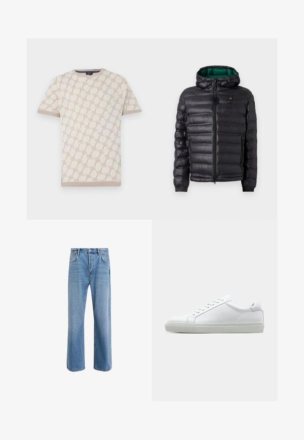 Black padded jacket with a hood, featuring a glossy finish, green lining, zip closure, and elastic cuffs. Includes branded logo on chest.; Short-sleeved cream knit sweater with a tan abstract pattern. Ribbed crew neck and cuffs, featuring a smooth texture. Brand label visible.; Light blue denim jeans with a straight-leg design, five pockets, button closure, minimal fading, and contrasting stitching details.; White sneaker with a smooth leather upper and a low profile. Features a rounded toe, six eyelets, and a textured rubber sole.