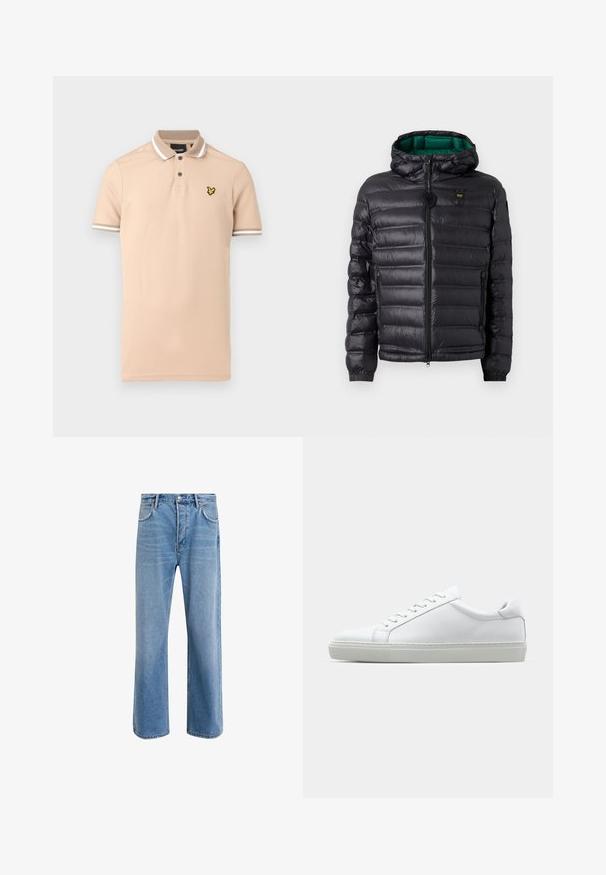 Schwarze gesteppte Jacke mit Kapuze, glänzendem Finish, grüner Innenfutter, Reißverschluss und elastischen Bündchen. Mit Markenlogo auf der Brust.; Beiges Poloshirt aus Baumwolle mit Zwei-Knopf-Leiste, weißen Streifen am Kragen und den Ärmeln sowie einem gelben Logo auf der Brust.; Helle blaue Jeans im Geradeschnitt-Design, mit fünf Taschen, Knopfverschluss, minimaler Ausbleichung und kontrastierenden Nähdetails.; Weißer Sneaker mit glattem Lederobermaterial und niedrigem Profil. Verfügt über eine runde Zehenpartie, sechs Ösen und eine strukturierte Gummisohle.