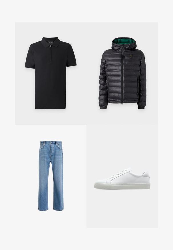 Juoda paminkštinta striukė su gobtuvu, blizgiu paviršiumi, žaliu pamušalu, užtrauktuku ir elastinėmis rankogaliais. Krūtinės srityje yra prekės ženklo logotipas.; Juodas trumpas rankovėmis polo marškinėliai su užtrauktuku ant apykaklės, pagaminti iš lygaus audinio, turintys klasikinį dizainą ir pritaikytą siluetą.; Šviesiai mėlyni džinsai su tiesiu kirpimu, penkios kišenės, mygtuko užsegimas, minimalus blukimas ir kontrastingi siuvimo detalės.; Baltas sportinis batelis su lygiu odiniu paviršiumi ir žemu profiliu. Turi suapvalintą pirštą, šešis akių skyrius ir tekstūruotą gumos padą.