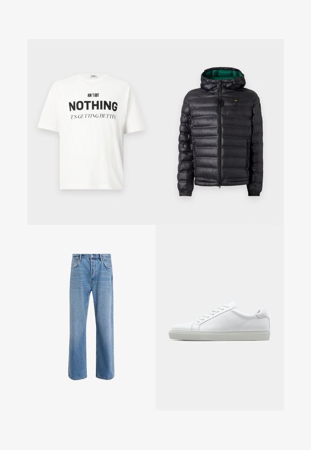 Black puffer jacket with a quilted design, hood, and green interior. Features a central zipper and logo detailing on the upper front.; White oversized t-shirt with black text "AIN'T GOT NOTHING IT'S GETTING BETTER" printed on the front, short sleeves, crew neckline.; Light blue denim jeans with a straight-leg design, five pockets, button closure, minimal fading, and contrasting stitching details.; White sneaker with a smooth leather upper and a low profile. Features a rounded toe, six eyelets, and a textured rubber sole.