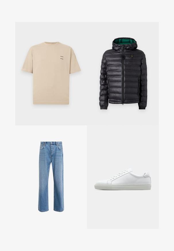 Czarna kurtka puchowa z pikowanym wzorem, kapturem i zielonym wnętrzem. Posiada centralny zamek błyskawiczny oraz logo na górnej części frontu.; Beżowa bawełniana koszulka z okrągłym dekoltem i krótkimi rękawami. Posiada małe logo tekstowe na górnej lewej stronie. Prosty, nieozdobiony design.; Jasnoniebieskie dżinsy o prostym kroju, pięć kieszeni, zapięcie na guzik, minimalne blaknięcia i kontrastowe wykończenia szwów.; Białe sneakersy z gładką skórzaną cholewką i niskim profilem. Posiadają okrągły nos, sześć dziurek na sznurówki oraz teksturowaną gumową podeszwę.