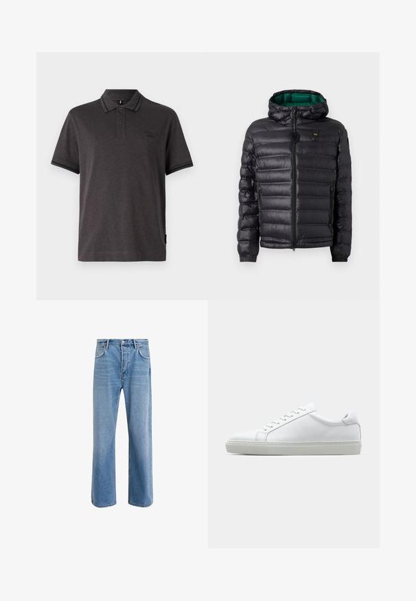 Černá prošívaná bunda s kapucí, lesklým povrchem, zelenou podšívkou, zapínáním na zip a elastickými manžetami. Obsahuje značkové logo na hrudi.; Tmavě šedé polokošile s krátkým rukávem a límečkem, s dvoubarevnými knoflíky a kontrastními pruhovanými detaily na límečku a rukávech.; Světle modré džínové kalhoty s rovnými nohavicemi, pěti kapsami, zapínáním na knoflík, minimálním vyblednutím a kontrastním prošitím.; Bílé tenisky s hladkým koženým svrškem a nízkým profilem. Mají zaoblenou špičku, šest nýtů a texturovanou gumovou podrážku.