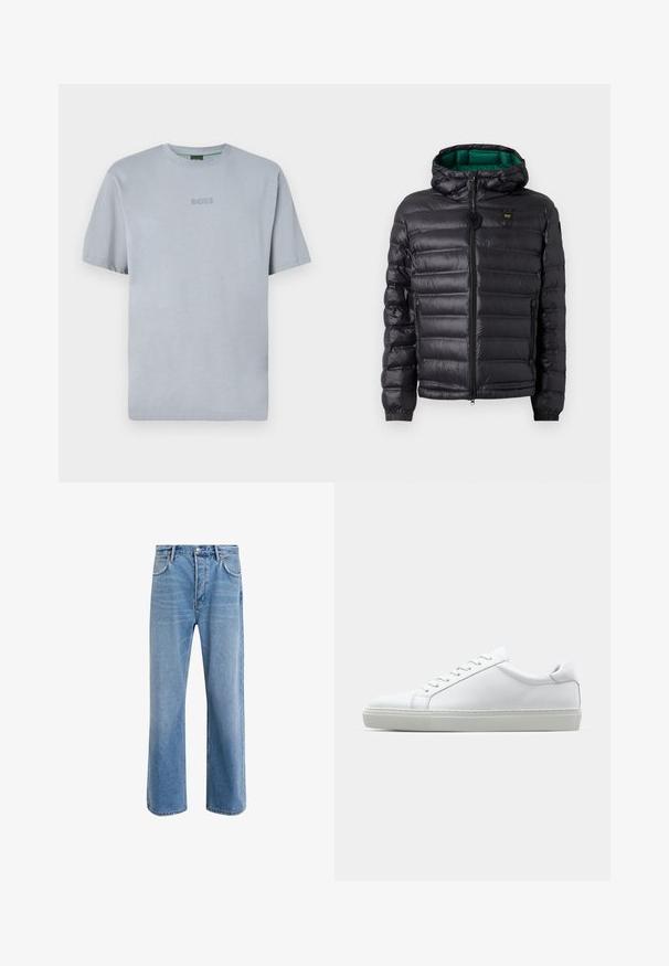 Black puffer jacket with a quilted design, hood, and green interior. Features a central zipper and logo detailing on the upper front.; Light blue, short-sleeve t-shirt made of soft fabric with a round neckline. Features embroidered "BOSS" logo on the chest.; Light blue denim jeans with a straight-leg design, five pockets, button closure, minimal fading, and contrasting stitching details.; White sneaker with a smooth leather upper and a low profile. Features a rounded toe, six eyelets, and a textured rubber sole.
