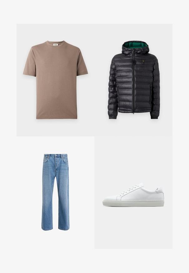 Svart puffjakke med quiltet design, hette og grønn innside. Har en sentral glidelås og logo detaljer på øvre front.; Brun bomull T-skjorte med rund hals og korte ermer. Glatt tekstur, enkel design og rett kant. Ingen synlige mønstre eller dekorasjoner.; Lys blå denimjeans med rett ben-design, fem lommer, knappeåpning, minimal falming og kontrasterende sømdetaljer.; Hvit sneakers med en glatt skinnoverdel og lav profil. Har en rund tå, seks snøring hull, og en teksturert gummisåle.